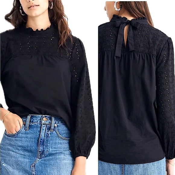 Madewell Tops - Madewell Black Eyelet Peasant Blouse Sz XXS Ruffle Tie Neck Balloon Long Sleeve
